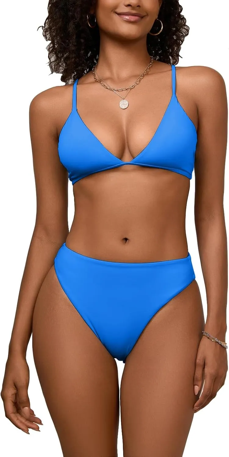 Women's High Waisted Bikini Sets Sexy V Neck Push Up Triangle Swimsuits 2 Piece High Cut Bathing Suits