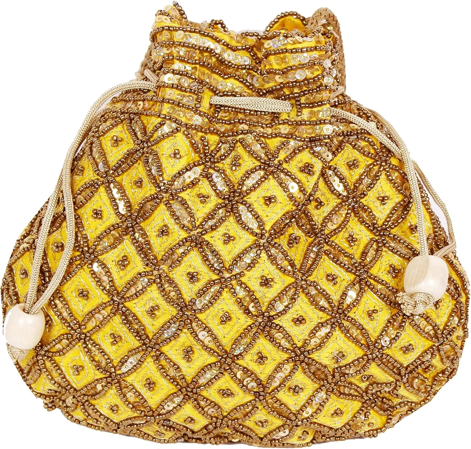 Women's Indian Sequence Potli Bag, Wedding Purse/Jewelry Purse (Base Color- Yellow)