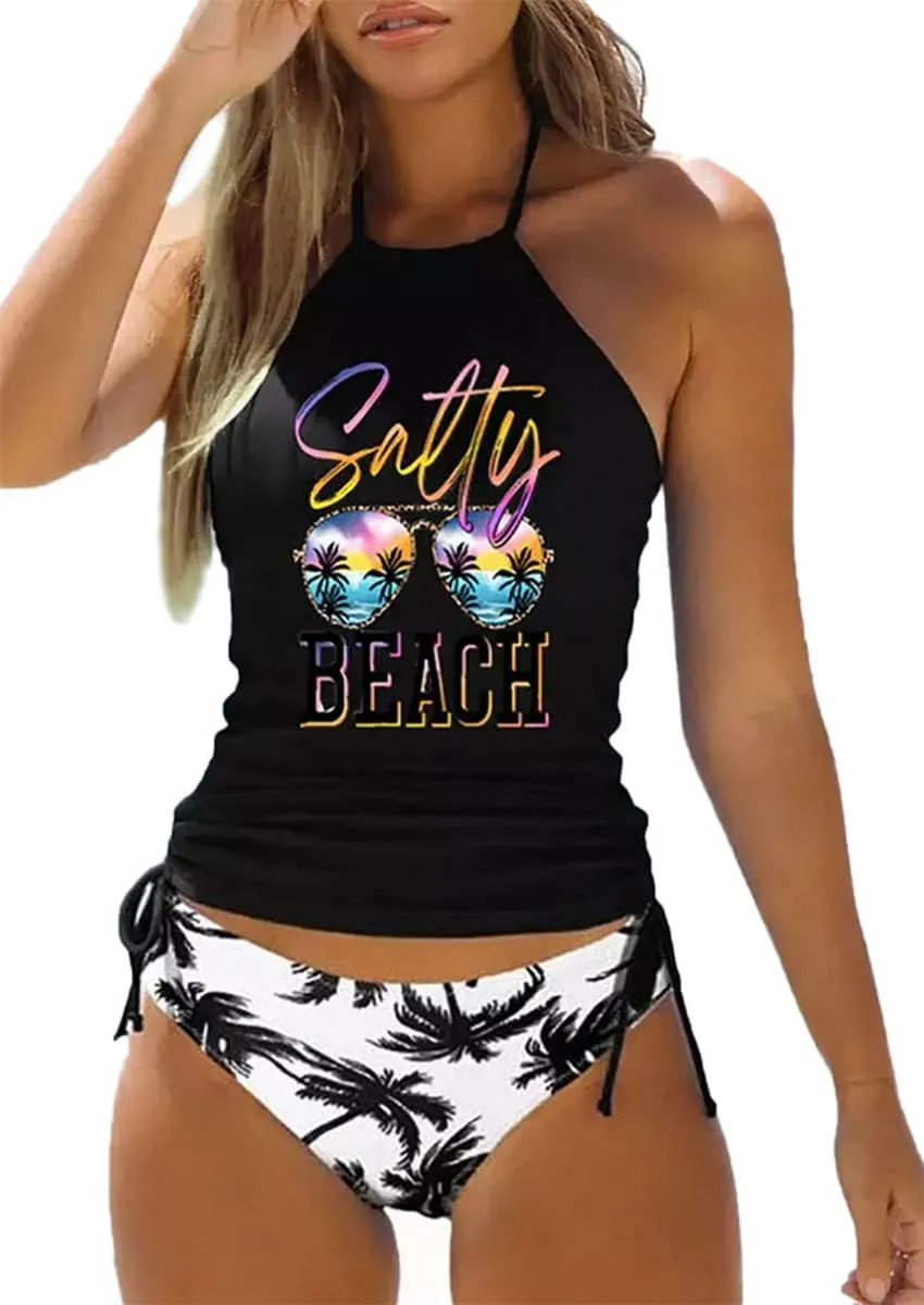 Women's Live Simple Coconut Tree Tankini Set Sexy Halter Neck Backless Swimsuit Drawstring Side Bathing Suit