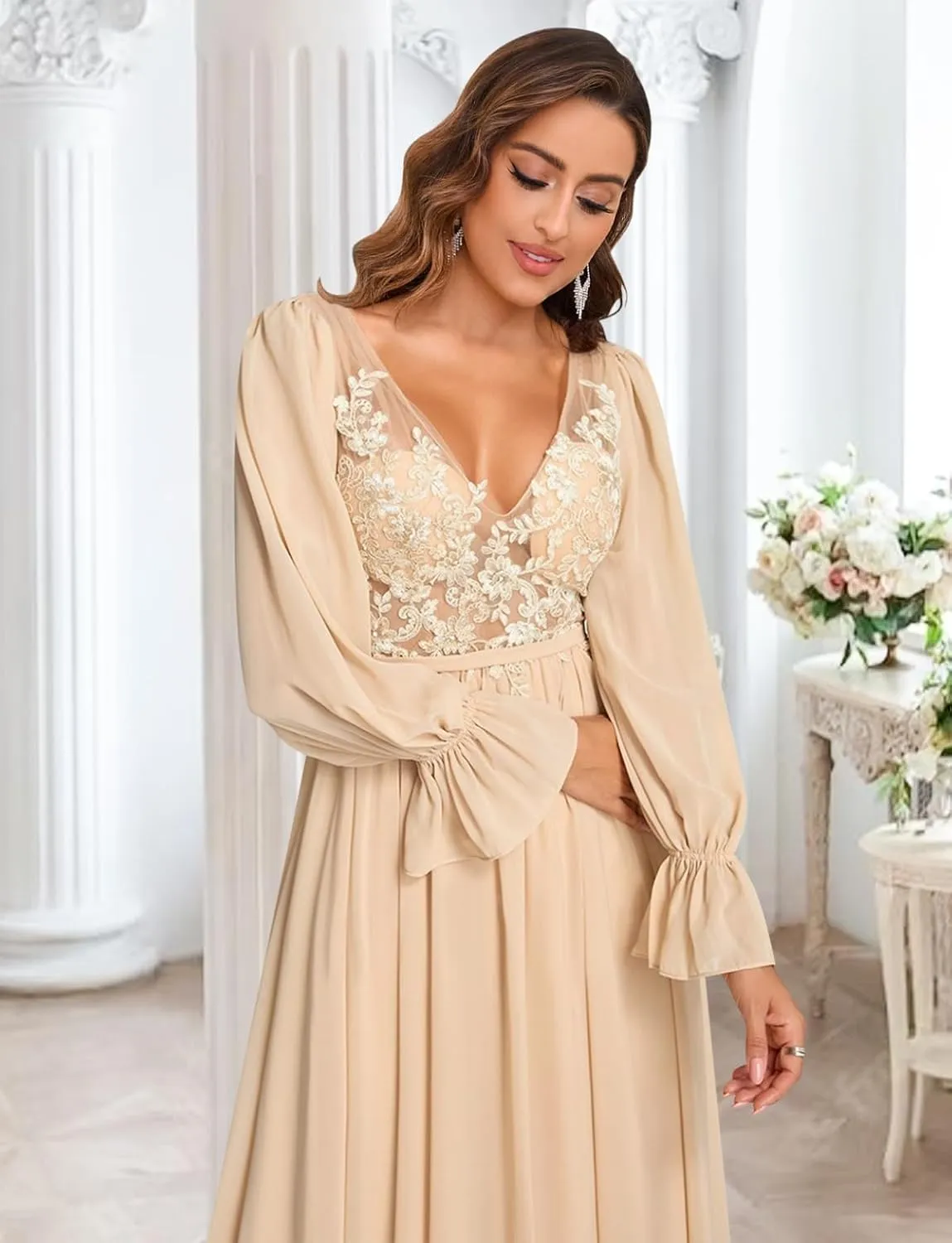 Women's Long Sleeve Bridesmaid Dresses for Women with Slit V Neck Lace Applique Formal Dresses