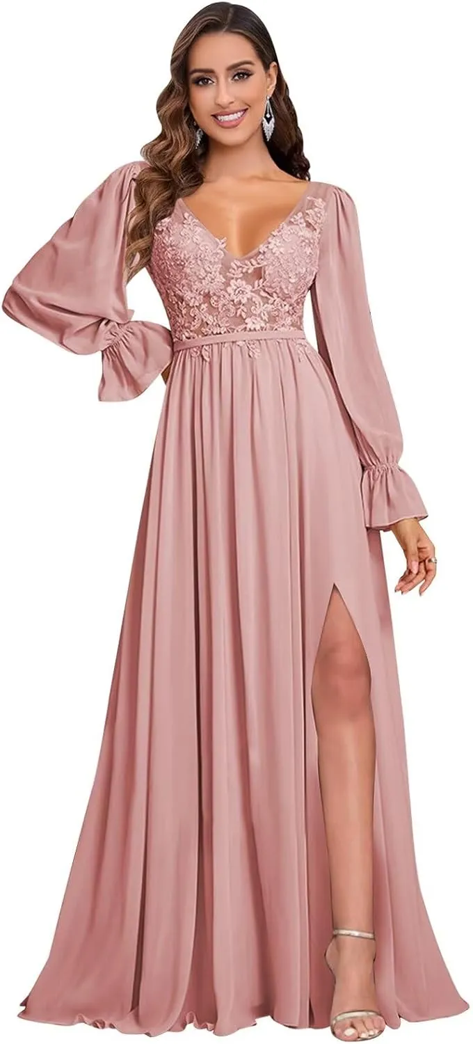 Women's Long Sleeve Bridesmaid Dresses for Women with Slit V Neck Lace Applique Formal Dresses