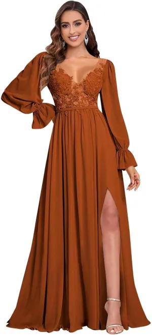 Women's Long Sleeve Bridesmaid Dresses for Women with Slit V Neck Lace Applique Formal Dresses