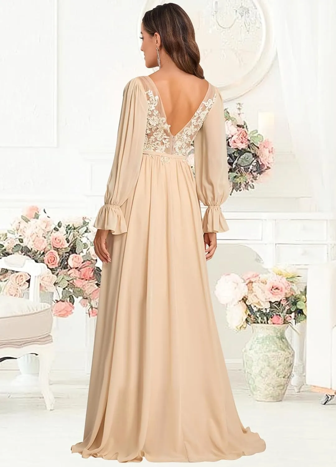 Women's Long Sleeve Bridesmaid Dresses for Women with Slit V Neck Lace Applique Formal Dresses