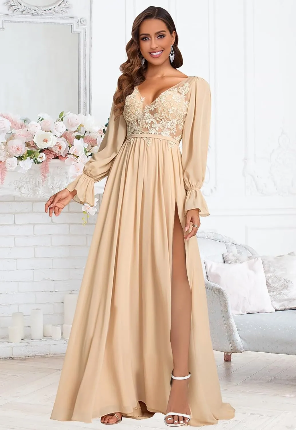 Women's Long Sleeve Bridesmaid Dresses for Women with Slit V Neck Lace Applique Formal Dresses