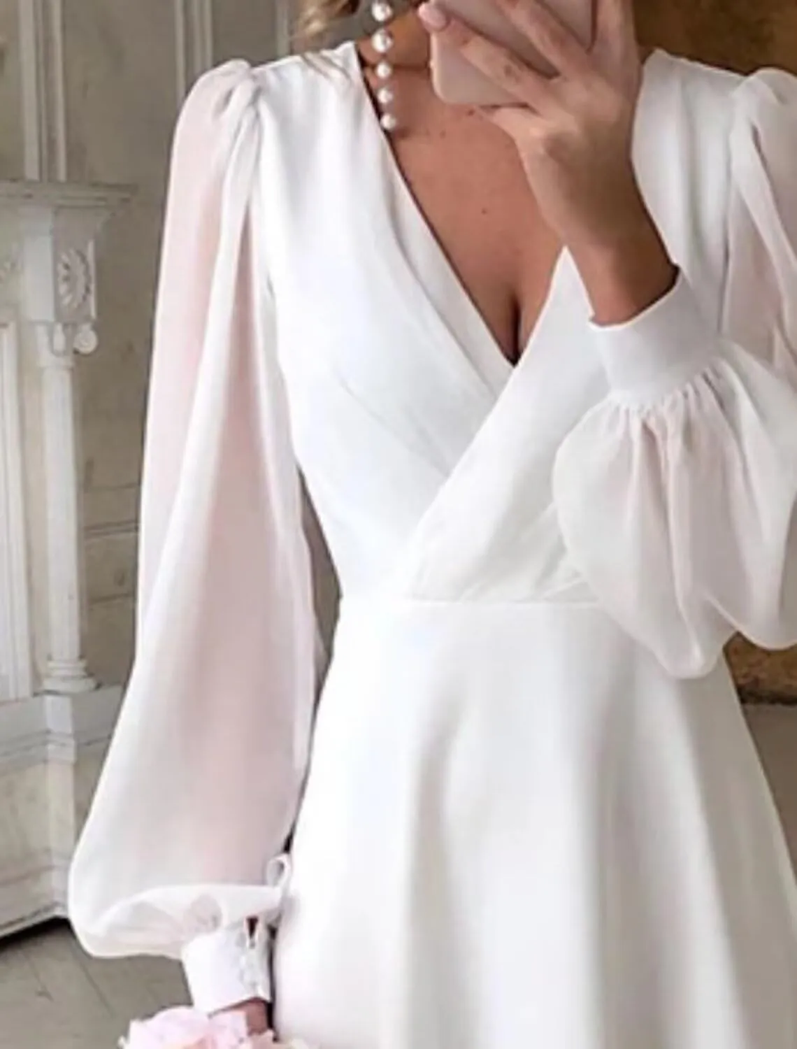 Women's Long Sleeve Wedding Dresses Chiffon V Neck Tea Length Bridal Gown for Brides