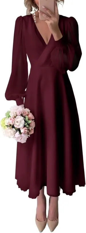 Women's Long Sleeve Wedding Dresses Chiffon V Neck Tea Length Bridal Gown for Brides