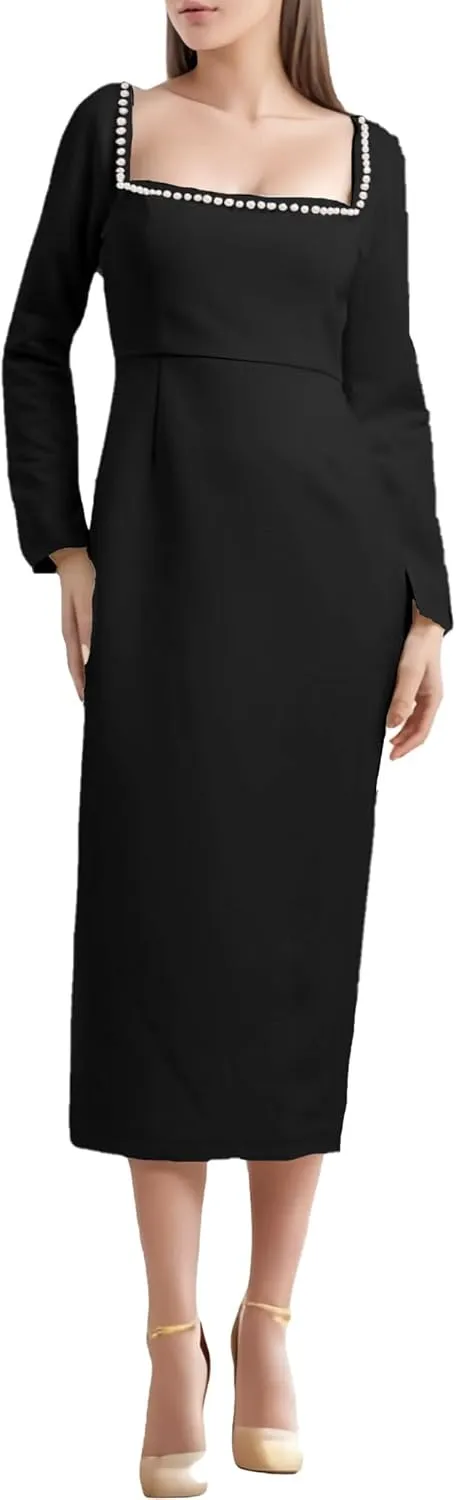 Women's Long Sleeve Wedding Dresses for Brides Square Neck Bridal Gowns Satin Midi Pearl Dress