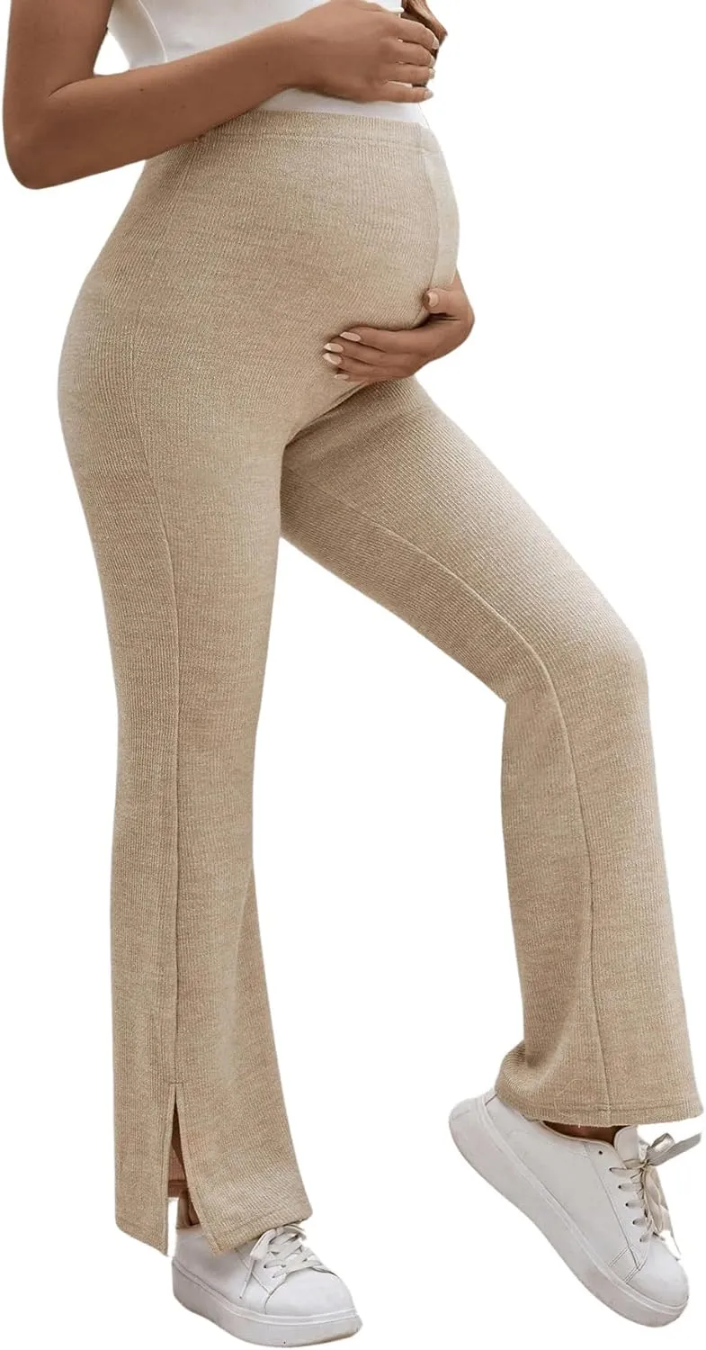 Women's Maternity Flare Leg Pants Elastic High Waist Pants Split Hem Pregnancy Trousers