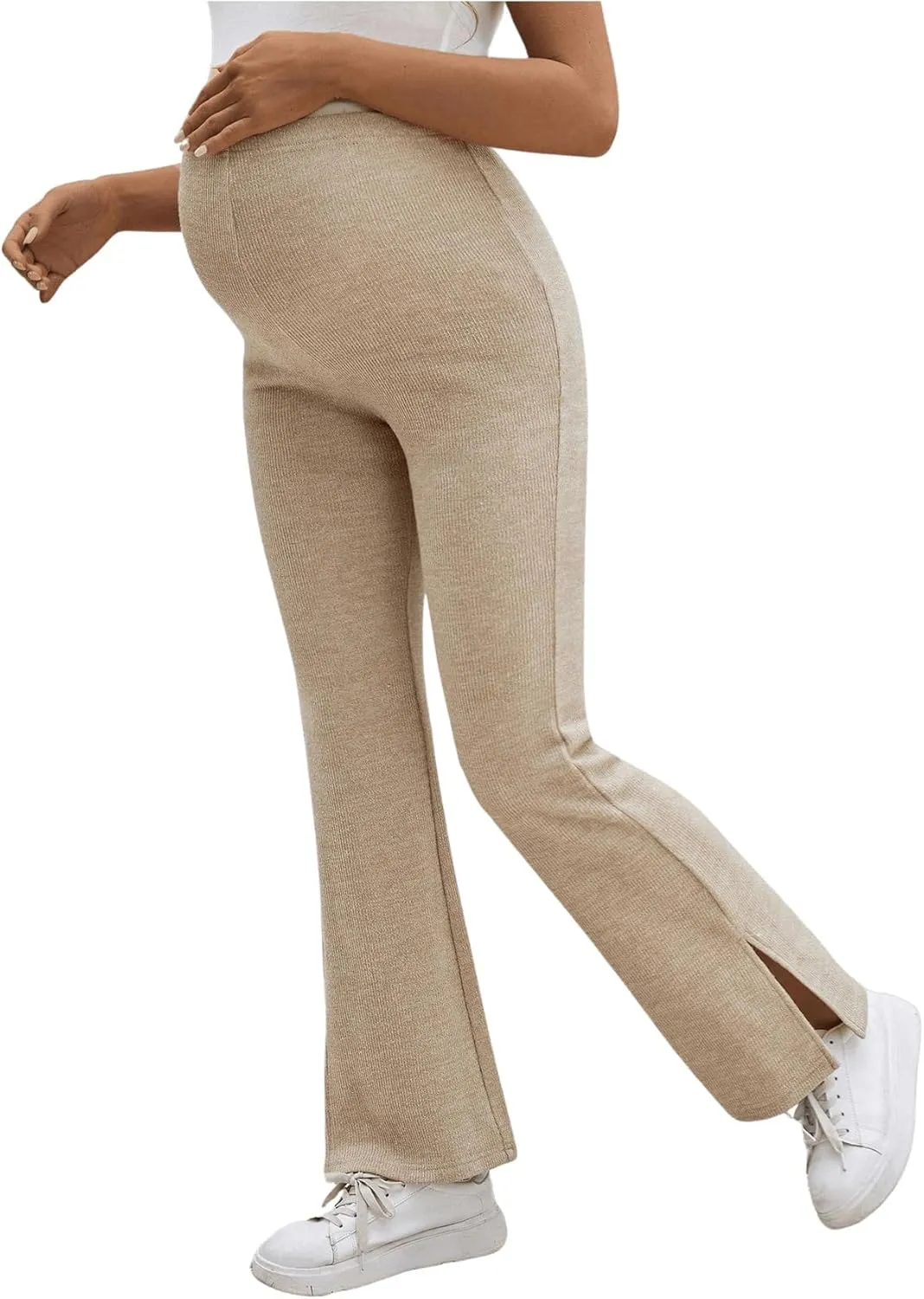 Women's Maternity Flare Leg Pants Elastic High Waist Pants Split Hem Pregnancy Trousers