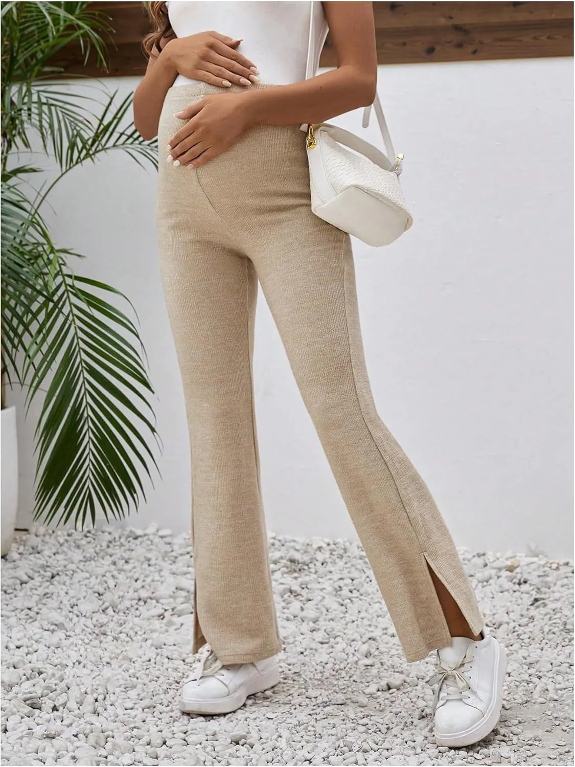 Women's Maternity Flare Leg Pants Elastic High Waist Pants Split Hem Pregnancy Trousers