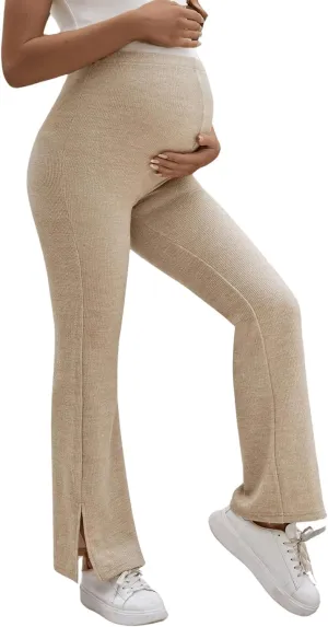 Women's Maternity Flare Leg Pants Elastic High Waist Pants Split Hem Pregnancy Trousers