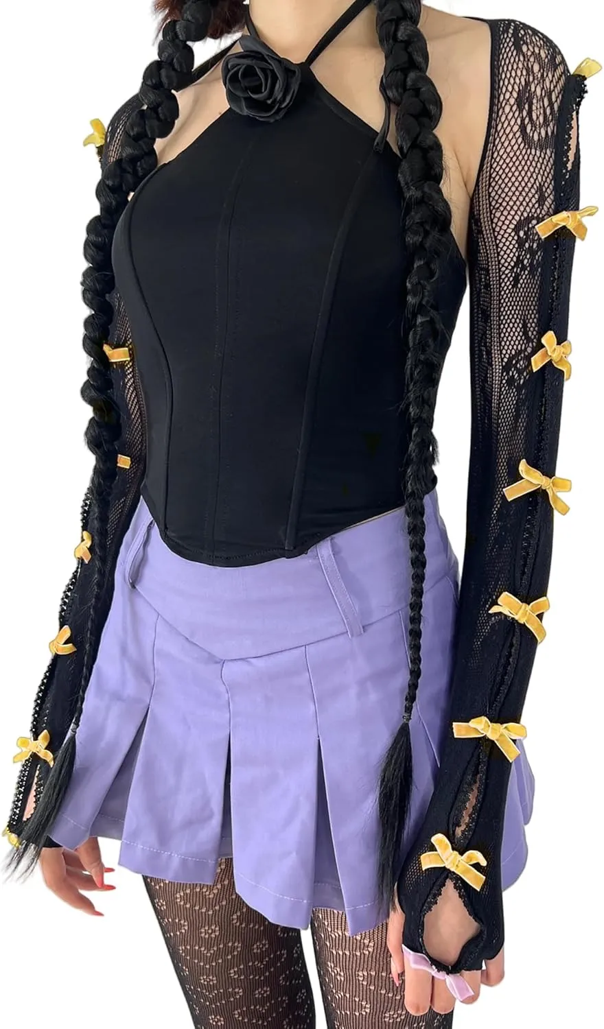 Women's Mesh Lace Shrug Crop Top Y2K Aesthetic Grunge Arm Sleeves Cardigan with Bow Going Out Shirts Summer