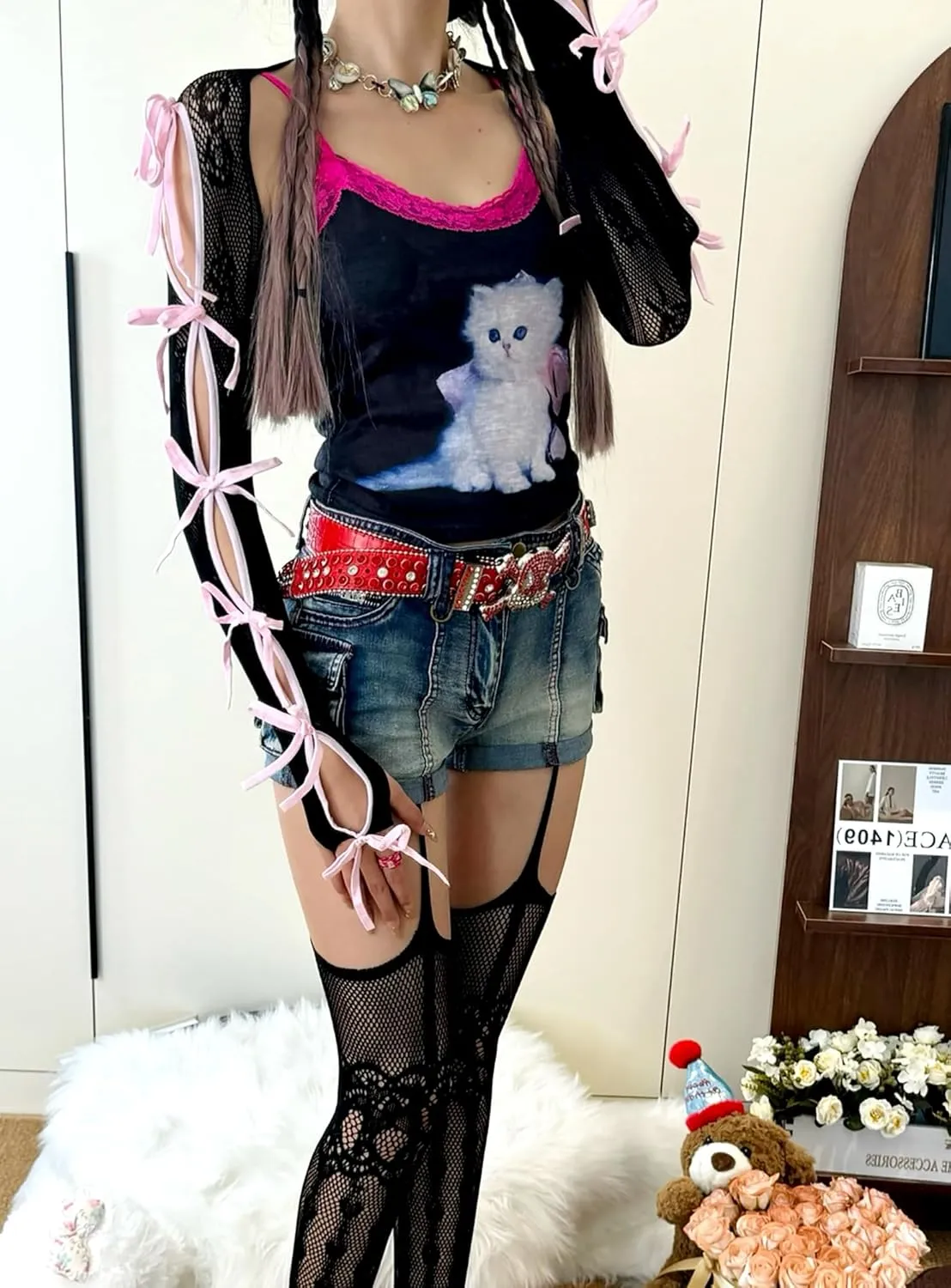 Women's Mesh Lace Shrug Crop Top Y2K Aesthetic Grunge Arm Sleeves Cardigan with Bow Going Out Shirts Summer