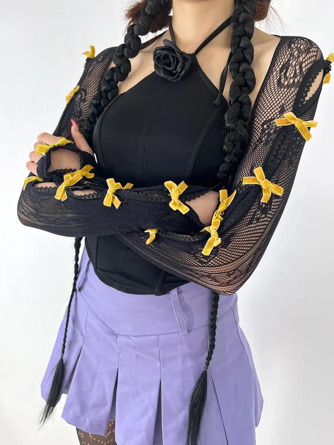 Women's Mesh Lace Shrug Crop Top Y2K Aesthetic Grunge Arm Sleeves Cardigan with Bow Going Out Shirts Summer