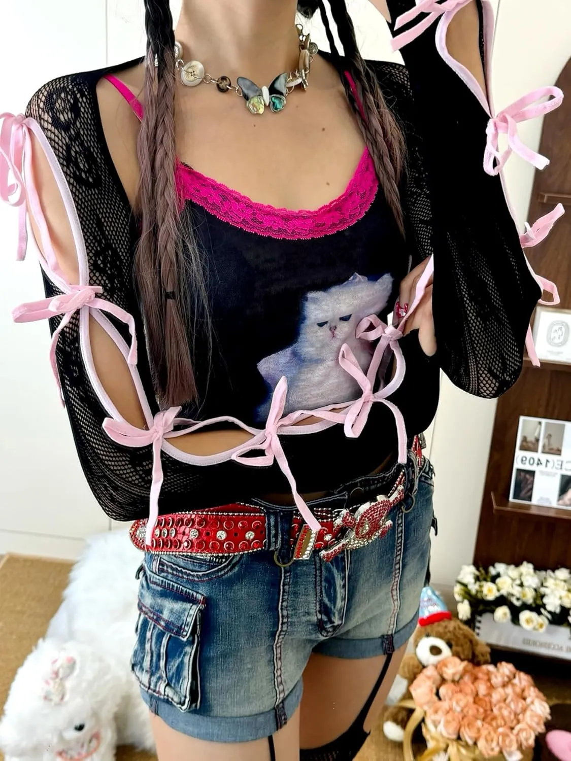 Women's Mesh Lace Shrug Crop Top Y2K Aesthetic Grunge Arm Sleeves Cardigan with Bow Going Out Shirts Summer