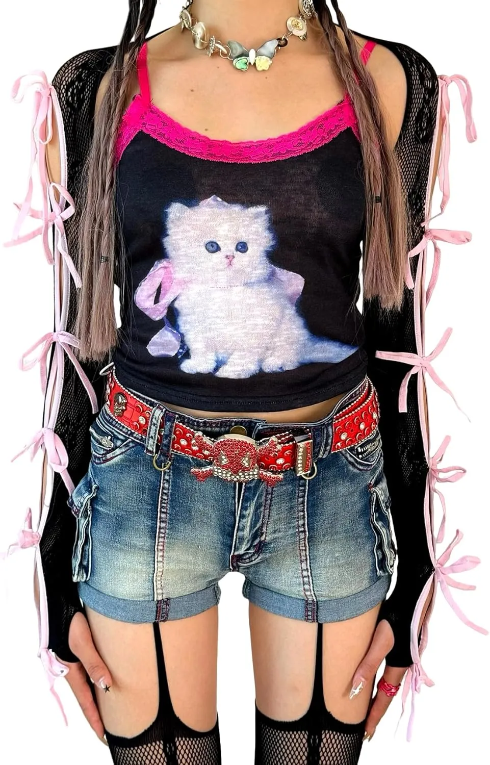 Women's Mesh Lace Shrug Crop Top Y2K Aesthetic Grunge Arm Sleeves Cardigan with Bow Going Out Shirts Summer