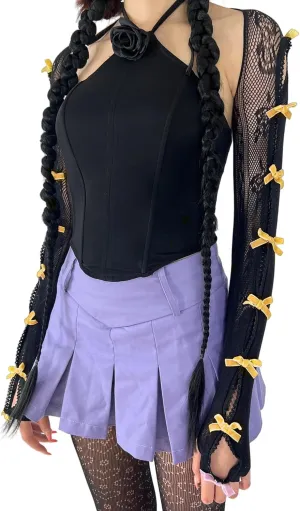 Women's Mesh Lace Shrug Crop Top Y2K Aesthetic Grunge Arm Sleeves Cardigan with Bow Going Out Shirts Summer