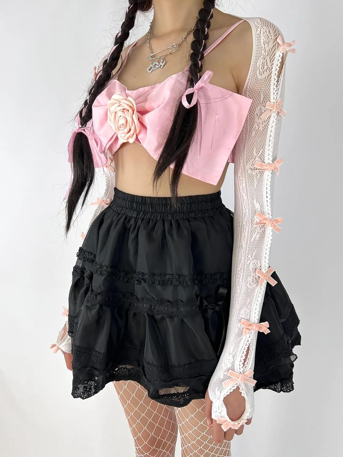 Women's Mesh Lace Shrug Crop Top Y2K Aesthetic Grunge Arm Sleeves Cardigan with Bow Going Out Shirts Summer
