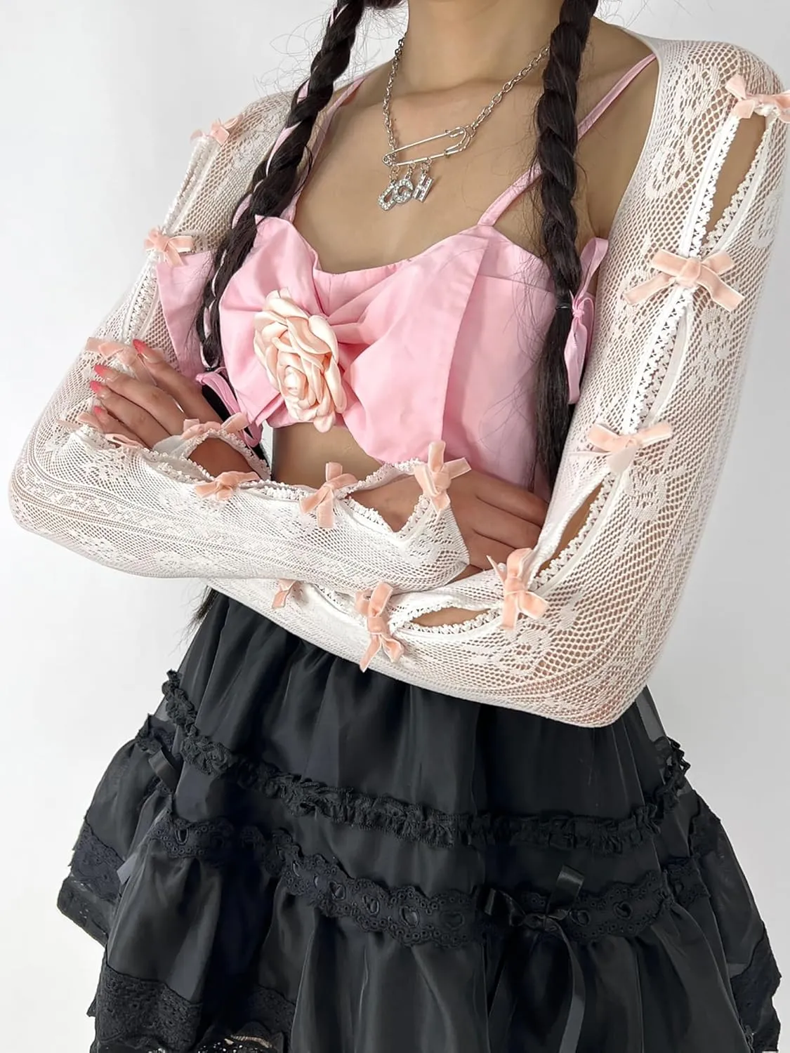 Women's Mesh Lace Shrug Crop Top Y2K Aesthetic Grunge Arm Sleeves Cardigan with Bow Going Out Shirts Summer