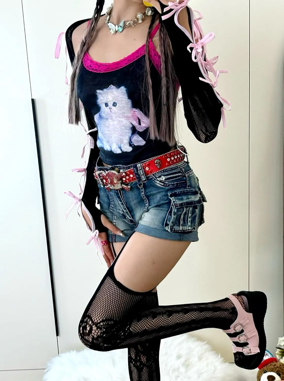 Women's Mesh Lace Shrug Crop Top Y2K Aesthetic Grunge Arm Sleeves Cardigan with Bow Going Out Shirts Summer