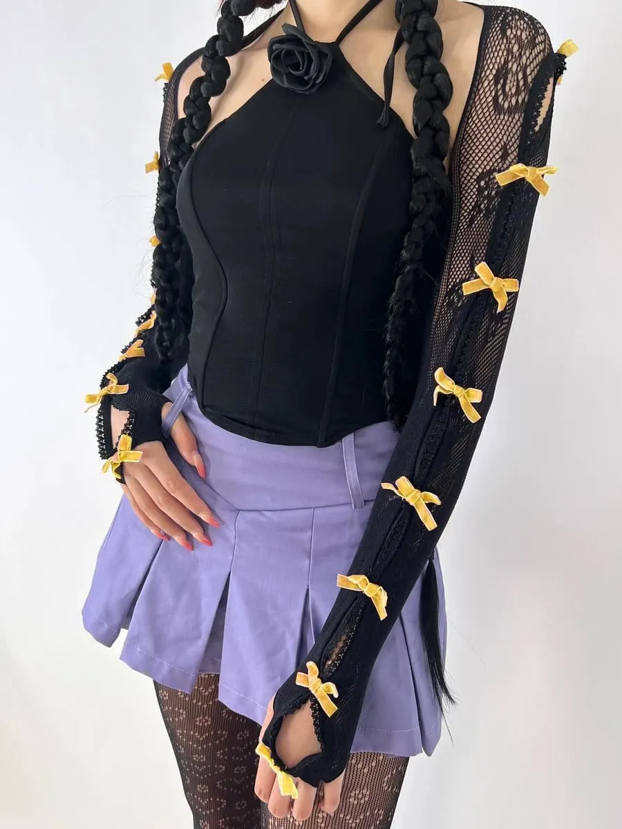 Women's Mesh Lace Shrug Crop Top Y2K Aesthetic Grunge Arm Sleeves Cardigan with Bow Going Out Shirts Summer