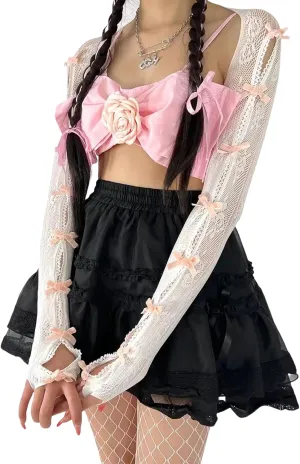 Women's Mesh Lace Shrug Crop Top Y2K Aesthetic Grunge Arm Sleeves Cardigan with Bow Going Out Shirts Summer