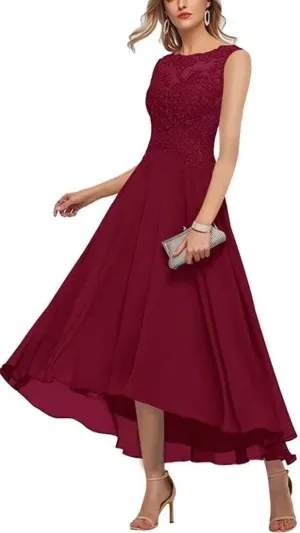 Women's Mother of The Bride Dresses Sleeveless High Low A-line Lace Applique Chiffon Formal Evening Gowns