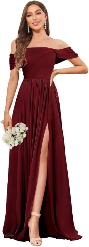 Women's Off The Shoulder Bridesmaid Dresses with Pockets Slit Pleated Chiffon Long Formal Gowns