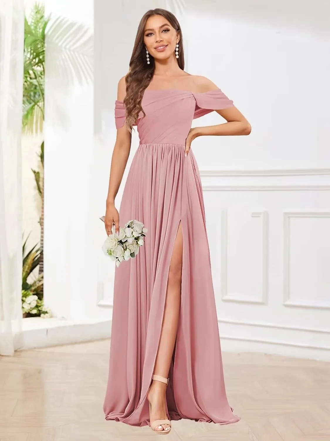 Women's Off The Shoulder Bridesmaid Dresses with Pockets Slit Pleated Chiffon Long Formal Gowns