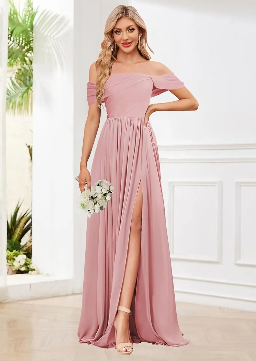 Women's Off The Shoulder Bridesmaid Dresses with Pockets Slit Pleated Chiffon Long Formal Gowns