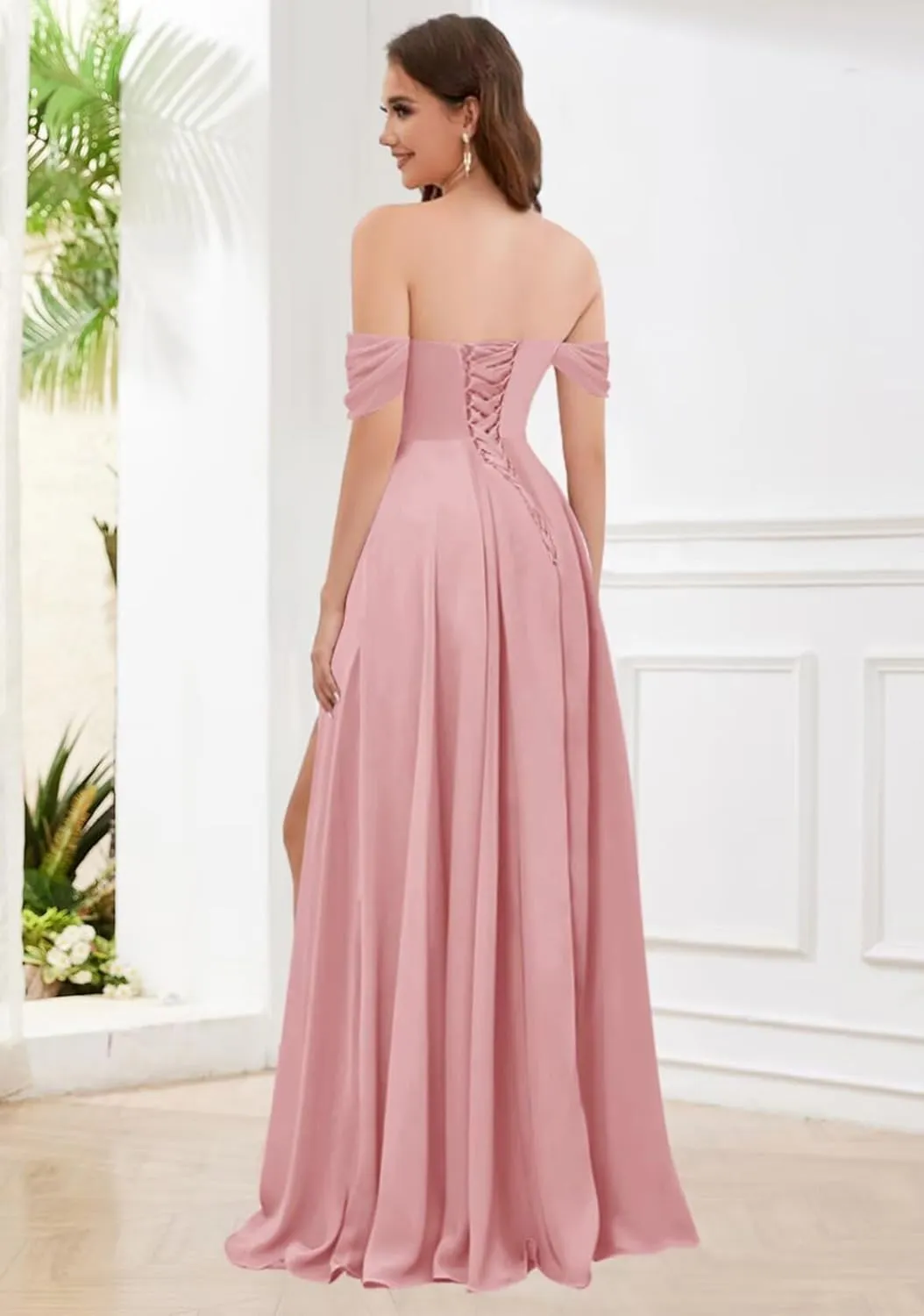 Women's Off The Shoulder Bridesmaid Dresses with Pockets Slit Pleated Chiffon Long Formal Gowns