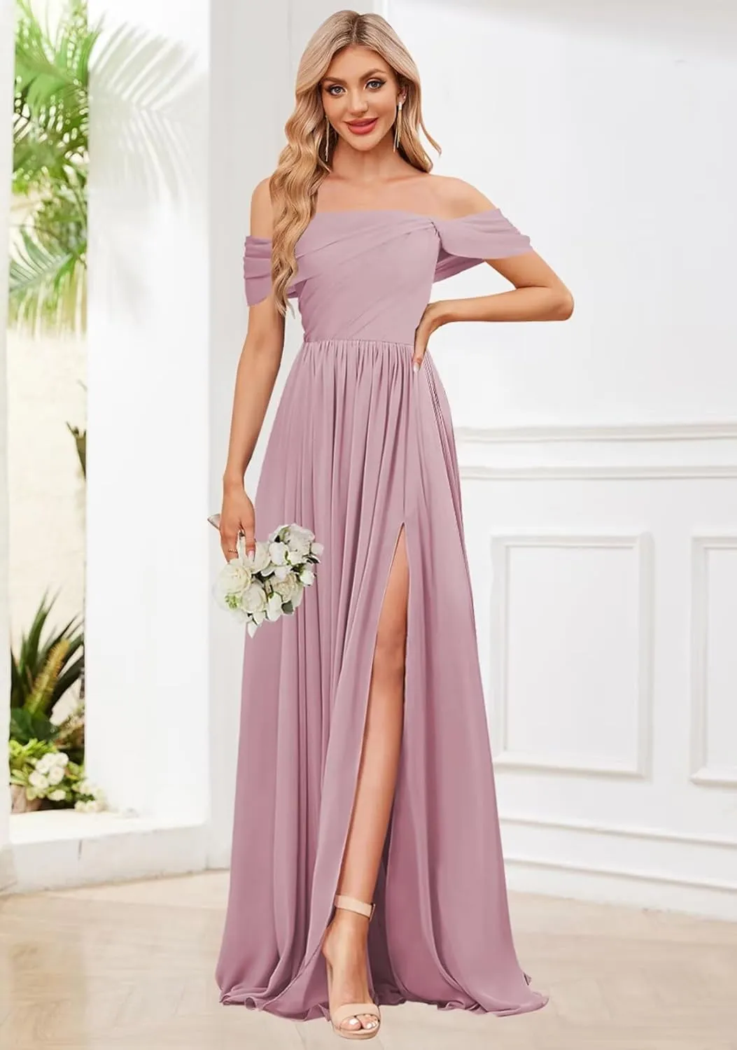 Women's Off The Shoulder Bridesmaid Dresses with Pockets Slit Pleated Chiffon Long Formal Gowns