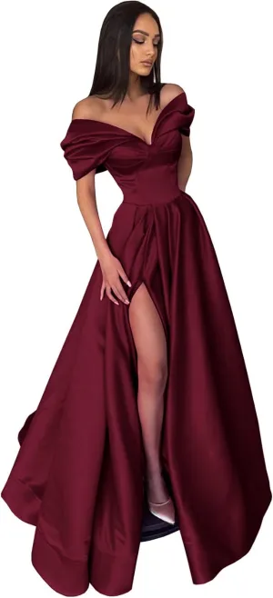 Women's Off The Shoulder Prom Dresses Long Ball Gown Satin Corset Formal Evening Dress with Slit