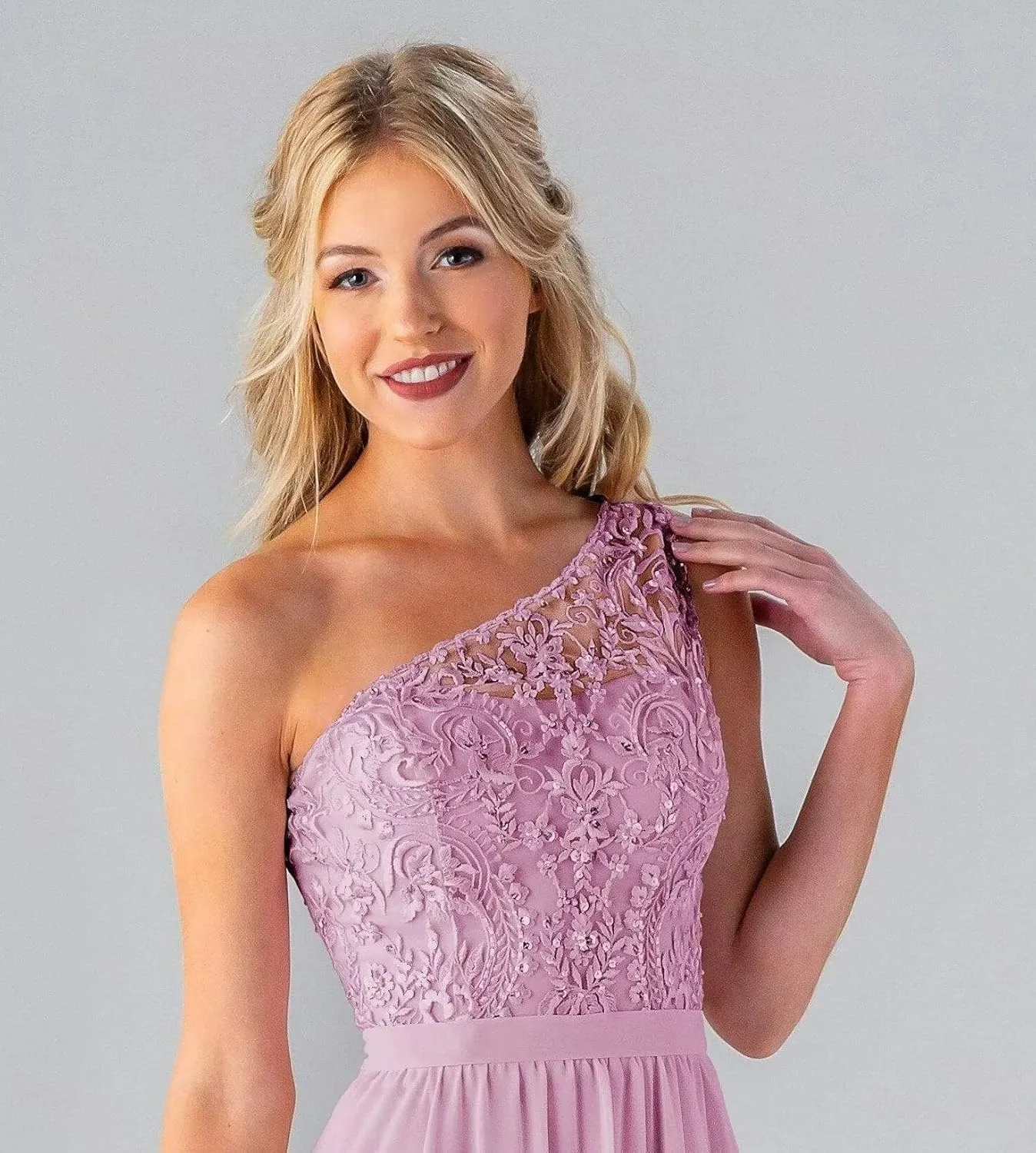 Women's One Shoulder Bridesmaid Dresses Chiffon Laces Formal Evening Gown with Pockets