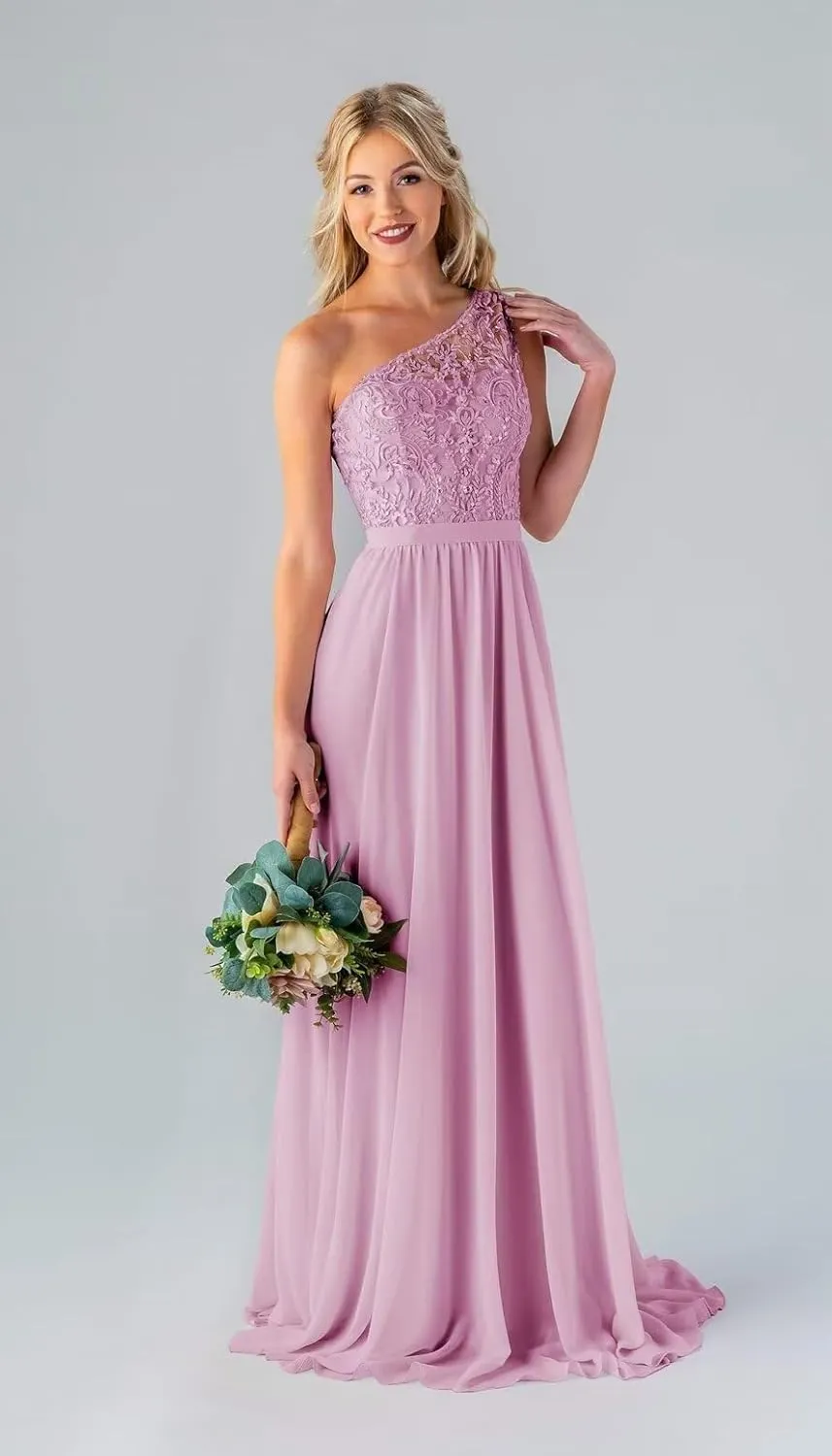 Women's One Shoulder Bridesmaid Dresses Chiffon Laces Formal Evening Gown with Pockets