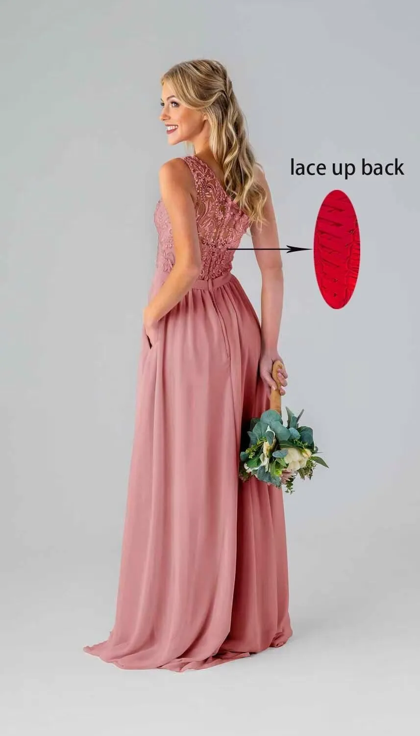 Women's One Shoulder Bridesmaid Dresses Chiffon Laces Formal Evening Gown with Pockets