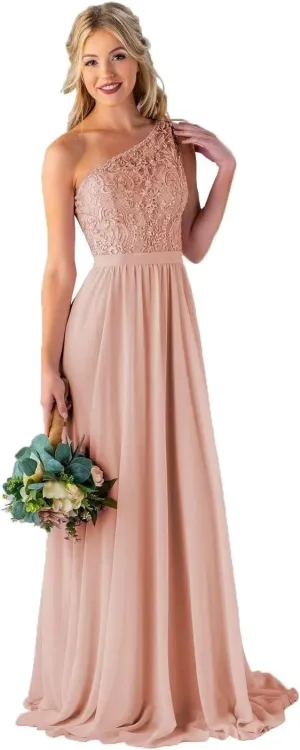 Women's One Shoulder Bridesmaid Dresses Chiffon Laces Formal Evening Gown with Pockets