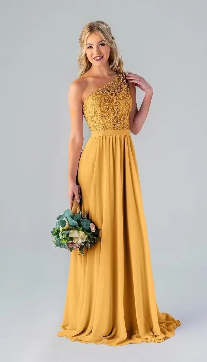 Women's One Shoulder Bridesmaid Dresses Chiffon Laces Formal Evening Gown with Pockets
