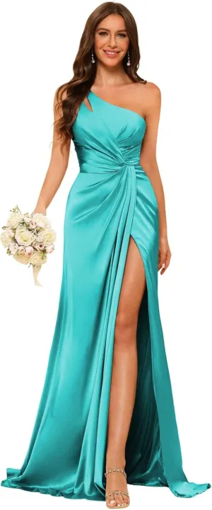 Women's One Shoulder Ruched Bridesmaid Dresses Long with Slit Satin Formal Prom Dress VS117