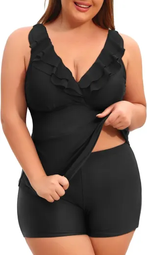 Women's Plus Size Tankini with Shorts 2024 Two Piece Swimsuit Tummy Control Bathing Suit Deep V Neck Swimwear