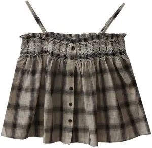 Womens Retro Spaghetti Straps Camisole Single-Breasted Plaid Loose Slim Crop Tank Tops