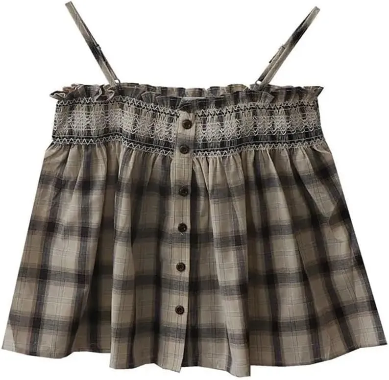 Womens Retro Spaghetti Straps Camisole Single-Breasted Plaid Loose Slim Crop Tank Tops