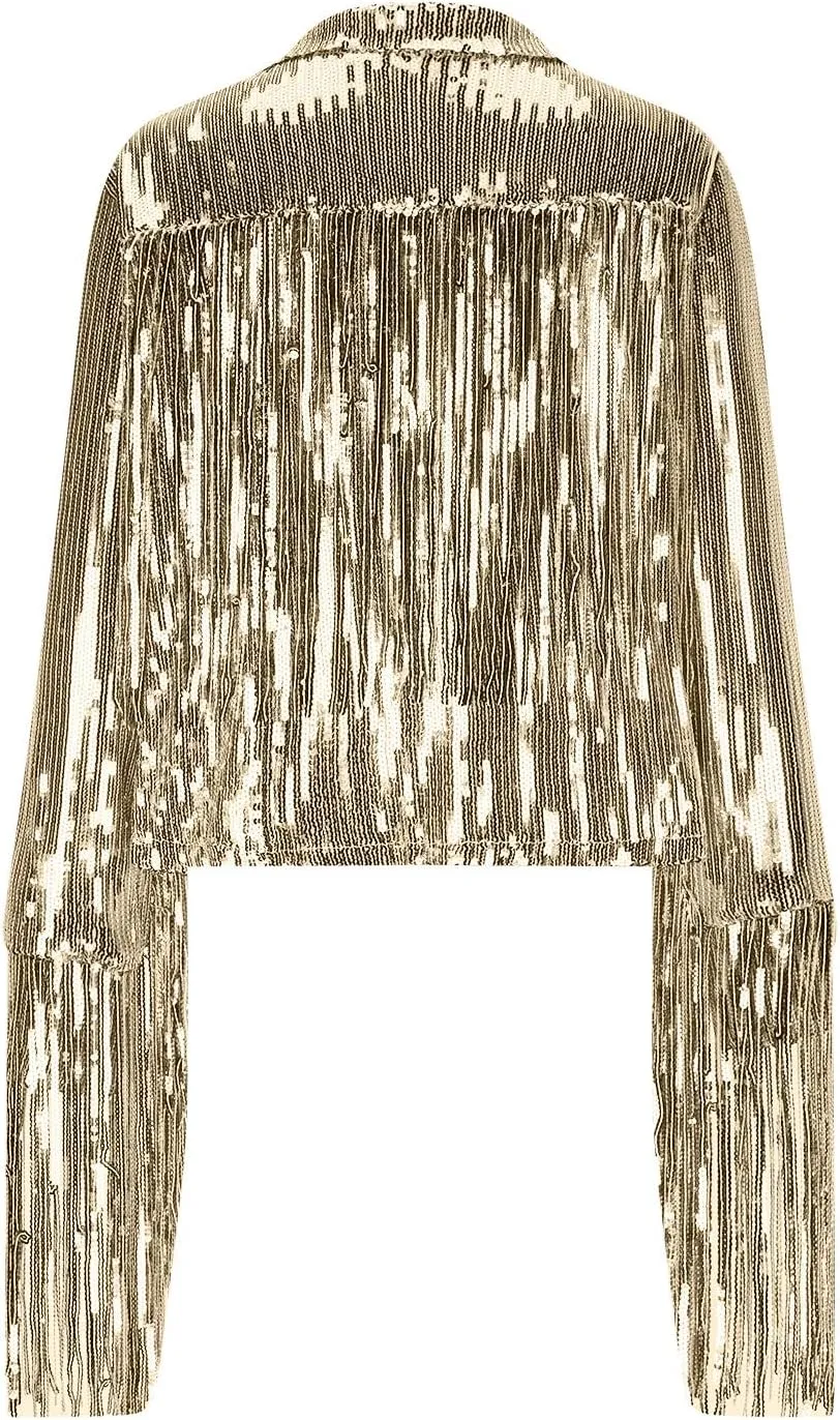 Women's Sequin Jacket Sparkly Fringe Flutter Sequin Top Jacket Shimmer Long Sleeve Hoodless Sparkly Denim Coat 2025