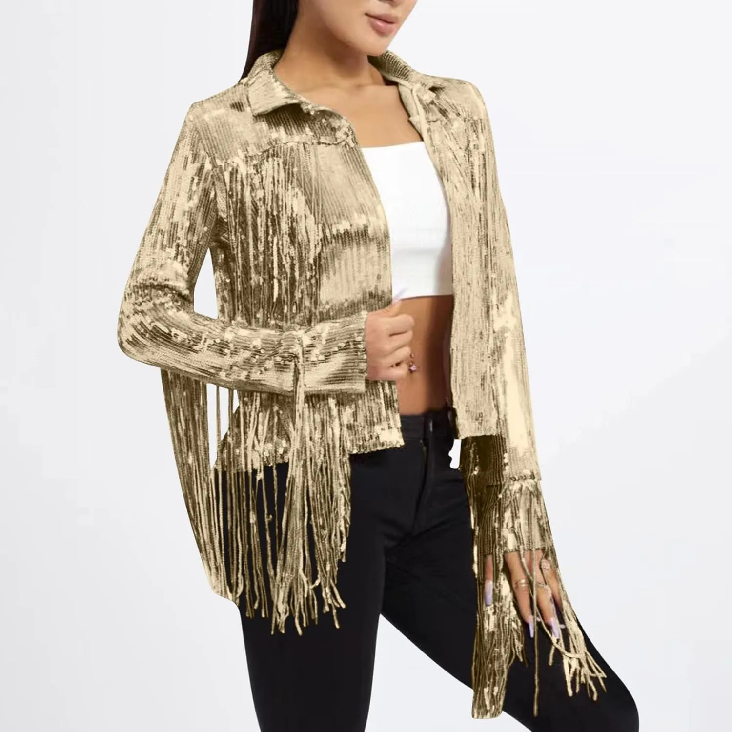 Women's Sequin Jacket Sparkly Fringe Flutter Sequin Top Jacket Shimmer Long Sleeve Hoodless Sparkly Denim Coat 2025