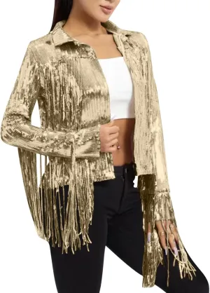 Women's Sequin Jacket Sparkly Fringe Flutter Sequin Top Jacket Shimmer Long Sleeve Hoodless Sparkly Denim Coat 2025