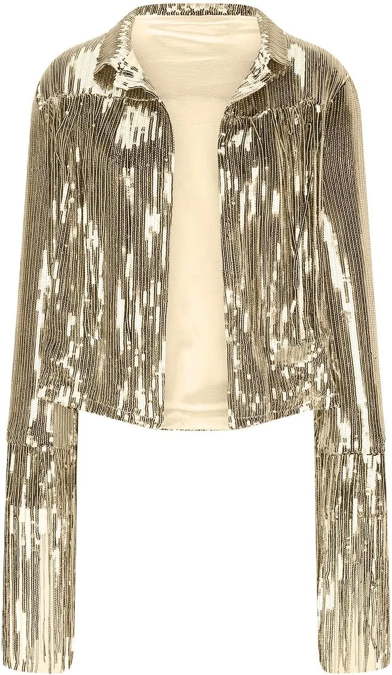 Women's Sequin Jacket Sparkly Fringe Flutter Sequin Top Jacket Shimmer Long Sleeve Hoodless Sparkly Denim Coat 2025