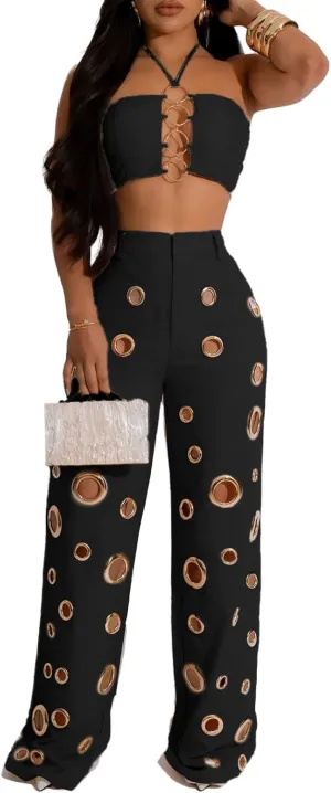 Womens Sexy Hollow Out 2 Piece Outfit Crop Tops Pants Sets Bodycon Jumpsuits Outfits