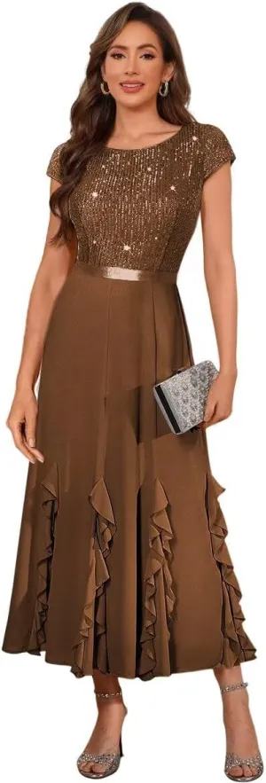 Women's Short Sleeves Sequin Chiffon Mother of The Bride Dresses 2025 Long Ruffles Sequin Formal Evening Prom Dress DE298