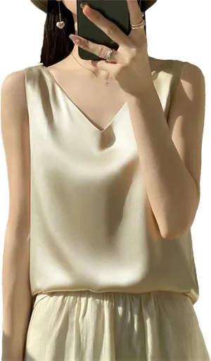 Women's Silk Satin Camisole Tank Tops for Women Trendy Female Summer Basic V-Neck Sleeveless Blouse Shirts
