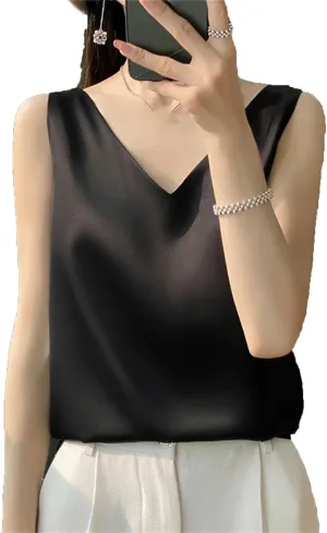 Women's Silk Satin Camisole Tank Tops for Women Trendy Female Summer Basic V-Neck Sleeveless Blouse Shirts